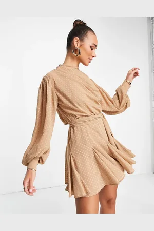 ASOS High neck pleated mini dress with godet detail in stone
