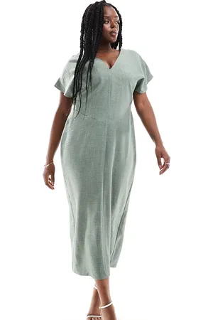 ASOS ASOS DESIGN Curve angel sleeve plunge midi dress in khaki
