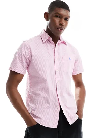 Ralph Lauren Short sleeve icon logo seersucker stripe short custom fit in rose/white