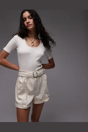 MANGO Belted denim mom shorts in beige