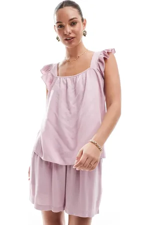 Pieces® Linen touch flutter sleeve cami top co-ord in dawn