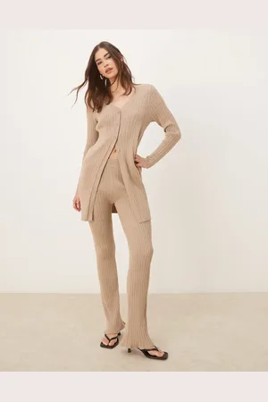 VILA Longline ribbed cardigan co-ord in tan