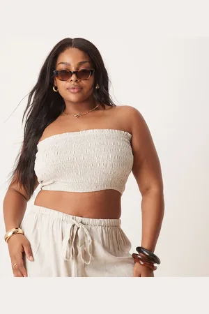 ASOS ASOS DESIGN Curve Isabel mix & match linen blend shirred bandeau beach top in natural