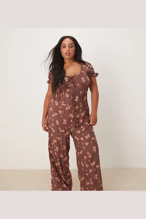 ASOS ASOS DESIGN Curve spun lace trim corset waist jumpsuit in mauve floral print