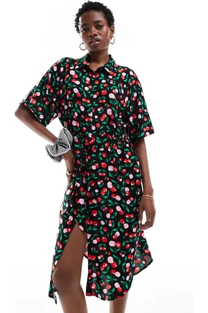 Monki Tie waist midi shirt dress in black cherry print exclusive to ASOS