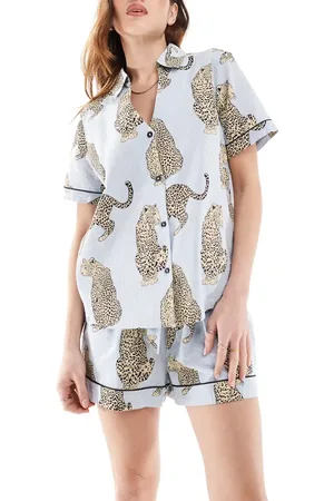Chelsea Peers Seersucker short sleeve revere and short set striped in leopard print