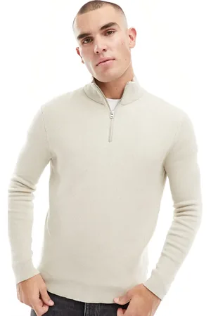 Only & Sons Ribbed half zip jumper in stone