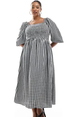 New Look New Look Curve gingham long sleeve midi dress in