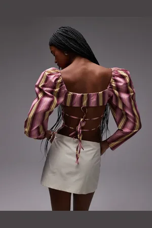 Laagam Brigitte puff sleeve blouse with open back in stripe