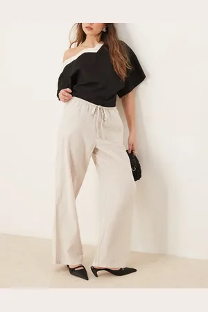 Gina Tricot Wide leg linen blend trousers with drawstring waist in beige