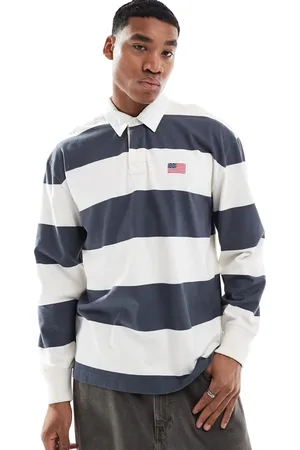 Hollister Contrast stripe varsity logo rugby top in navy