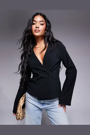 ASOS Ribbed flared sleeve gold button detail jersey blazer in