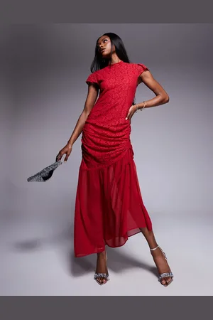 ASOS High neck lace drop waist maxi dress in red