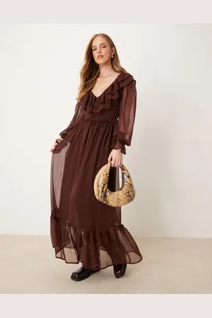 Miss Selfridge Long sleeve ruffle detail maxi dress in chocolate