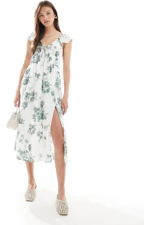 Hollister Short sleeve milkmaid midi slit dress in floral