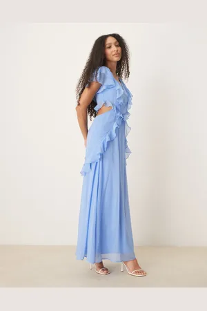 ASOS Flutter sleeve ruffle midi dress with cut out in cornflower