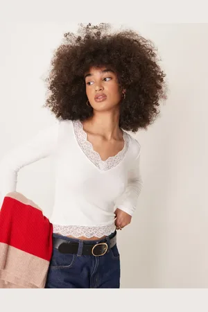 Gina Tricot Long sleeve lace v neck top in off