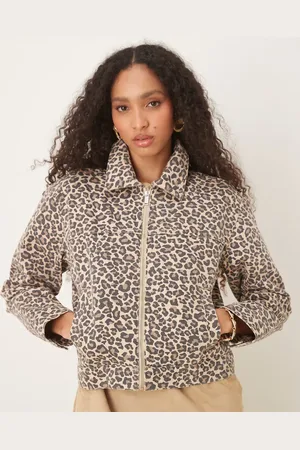 Abercrombie & Fitch Denim front zip workwear jacket in leopart print