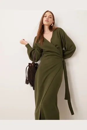 Pretty Lavish Beau wrap knit midaxi dress in olive
