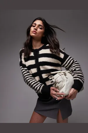 Topshop Knitted exposed seam crew cardi with pockets in black and ecru stripe