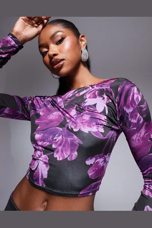 Kaiia Exclusive low back slinky long sleeve top co-ord in purple print