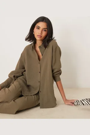 ASOS Long sleeve shirt with open back co-ord in khaki