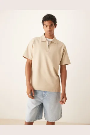 MANGO Straight fit quarter zip polo top in light beige