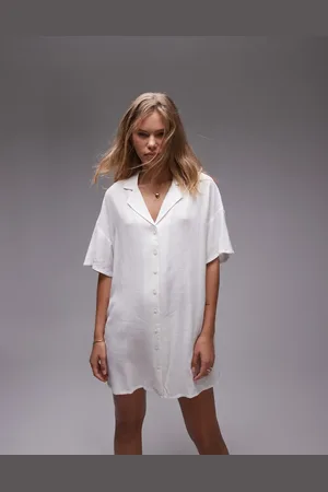 Topshop Linen souvenir shirt dress in ivory