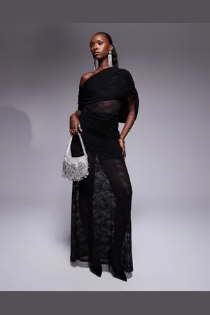 ASOS Ruched off shoulder maxi dress with lace inserts in