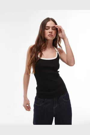 Topshop Contrast rib scoop skinny strap vest in and ecru