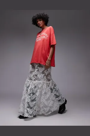 Topshop Ruffle seam sheer lace maxi skirt in ivory