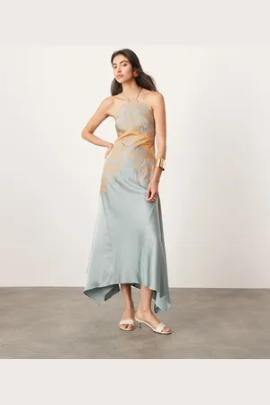 ASOS Satin lace applique embroidered halterneck midi dress with hanky hem in blue