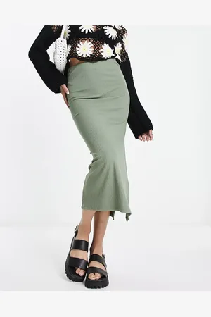 Stradivarius Ribbed midi skirt in khaki