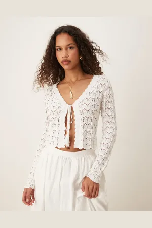 MANGO Crochet tie front cardigan in