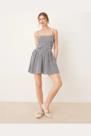 Glamorous Shirred drop waist mini dress in navy white stripe