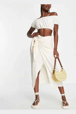 Stradivarius Satin jacquard knot wrap midi skirt in ecru