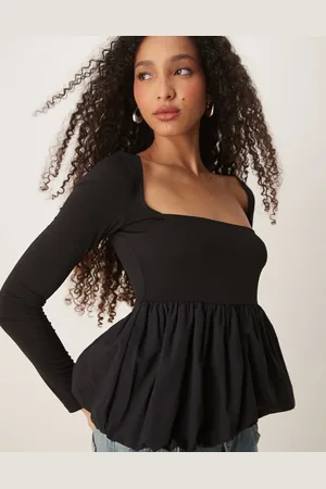 Gina Tricot Jersey long sleeve top with woven puff ball hem in