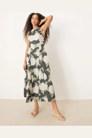 ASOS Sleeveless corset waist midi dress in green floral print