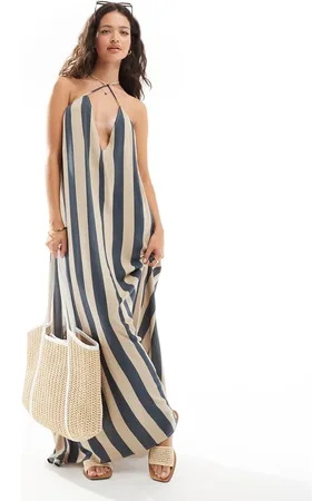 ASOS Viscose trapeze maxi dress in navy and beige stripe