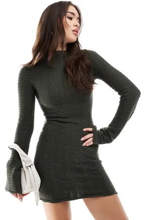 Bershka High neck knitted mini dress in khaki