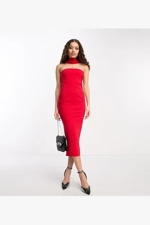 Vesper Bengaline halterneck zip back midi dress in