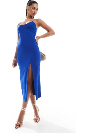 Vesper Bengaline cross back strap midaxi dress in cobalt