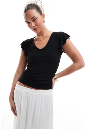 ONLY Ribbed frill sleeve top in