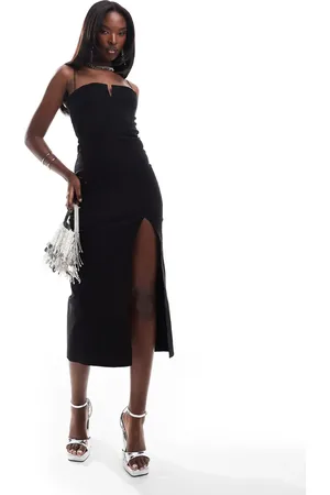 Vesper Bengaline notch detail cami strap thigh split midi dress in