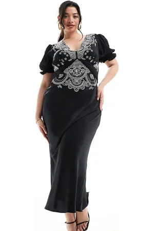 ASOS ASOS DESIGN Curve embroidered satin midi tea dress in
