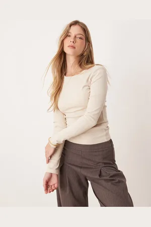 Gina Tricot Jersey rib round neck long sleeve top in stone