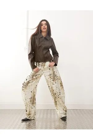 Lioness Horseshoe barrel leg jeans in ecru snow leopard print
