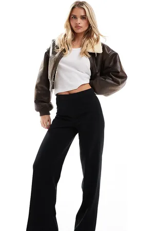 Bershka Petite high waisted wide leg tailored trousers in