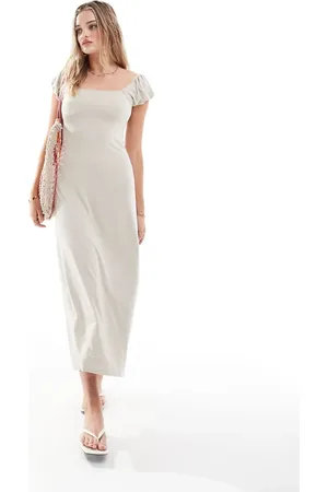 ASOS Puff sleeve square neck midi dress in stone