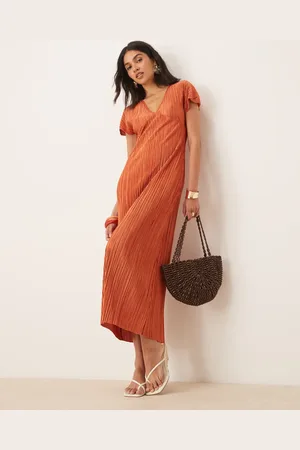 ASOS Plisse V neck midi dress in rust